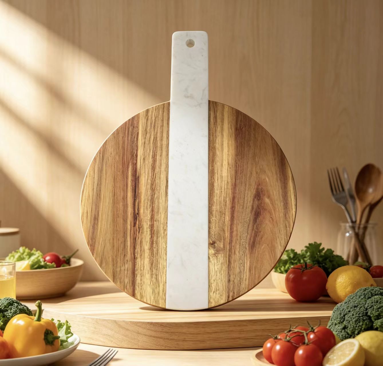 Round Acacia Wood and Marble Inlay Cutting Board with Handle Kitchen Chopping Board Serving Tray Modern Rustic Kitchen Tool