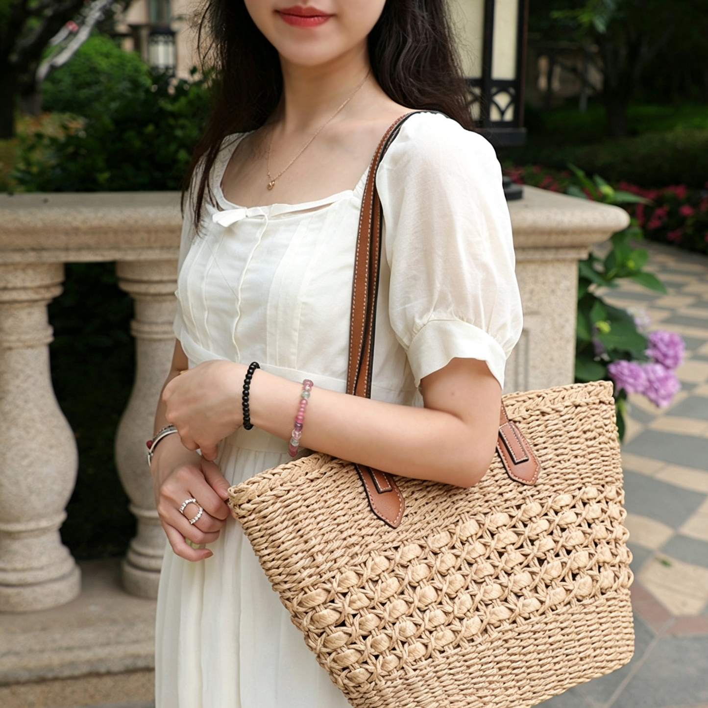 Vintage Woven Straw Bag – Medium Retro European Style Handbag with Cotton Blend Lining