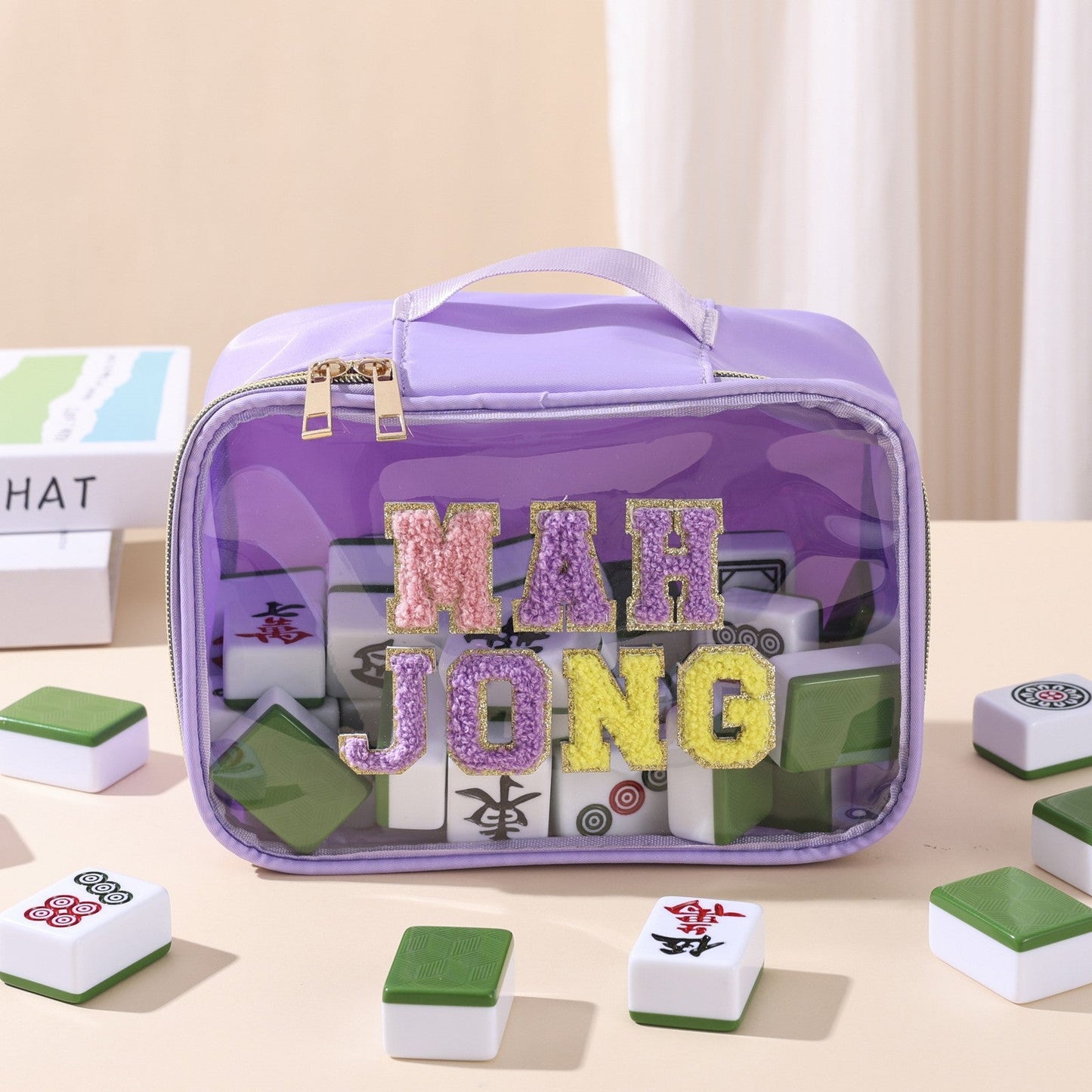 Large Mahjong Storage Bag – Waterproof PVC Travel Organizer with Letter Design for Mahjong Sets & Accessories