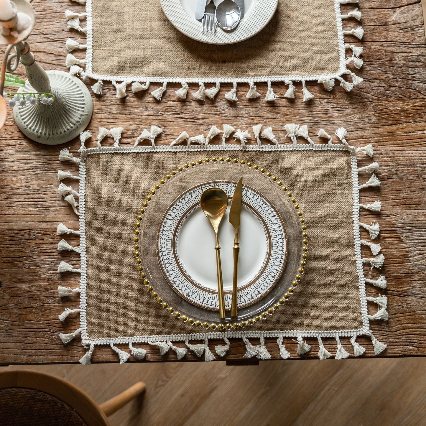 Farmhouse Vintage Jute Placemat with Tassels, Round Bowl Mat, Rectangular Heat Resistant Table Mat & Napkin