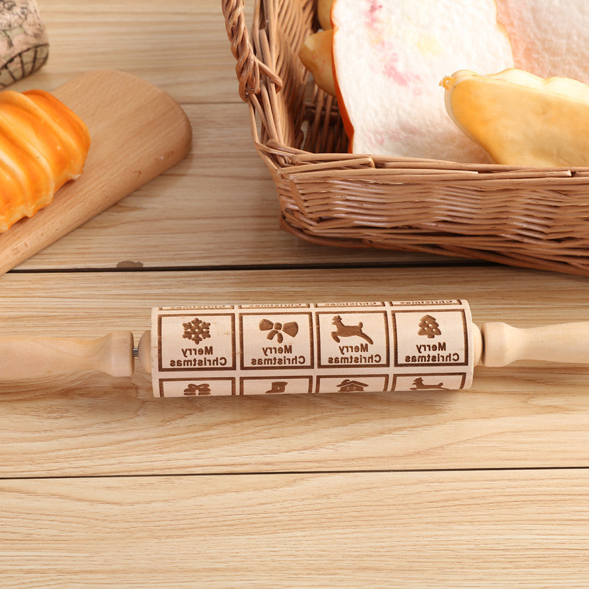 Christmas Wooden Embossing Rolling Pin – Engraved Cookie Dough Roller for Holiday Baking & DIY Crafts