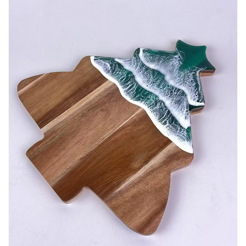 Christmas Tree Ocean Wave Resin Wood Cutting Board Festive Epoxy Serving Charcuterie Platter Handmade Kitchen Decor