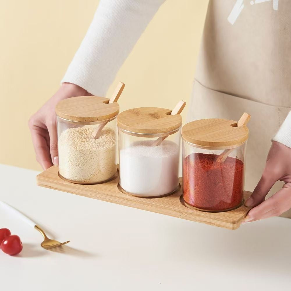 Bamboo Glass Spice Jars Set – Natural Kitchen Storage Containers with Wooden Lids & Spoons