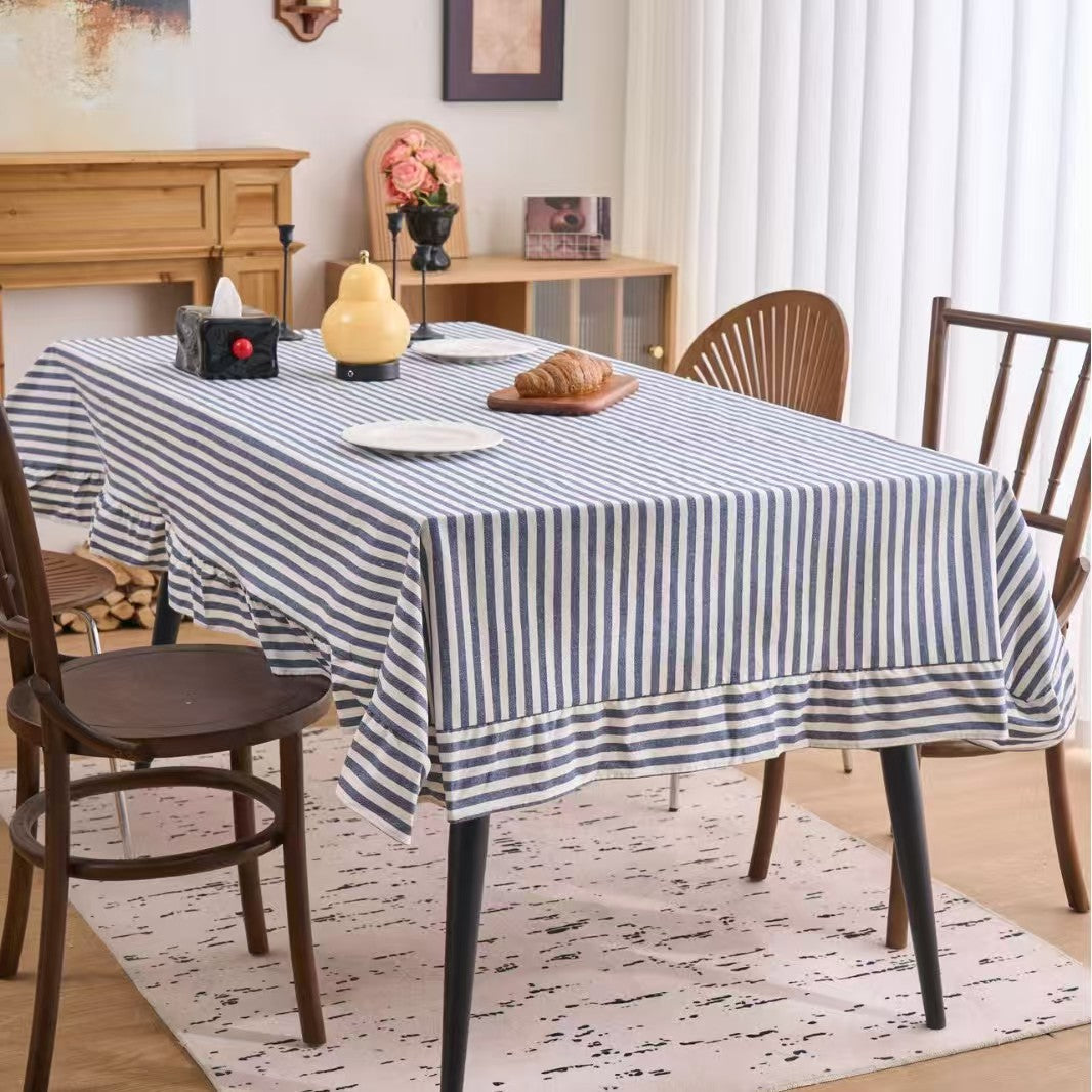 Vintage Striped Ruffle Tablecloth Rectangular Dining Table Cover