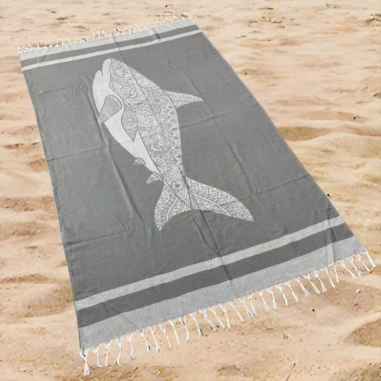 Ocean Shark Print Beach Towel Oversized Rectangular Quick-Dry Absorbent Shawl Summer Swim Travel Wrap with Tassel Edges