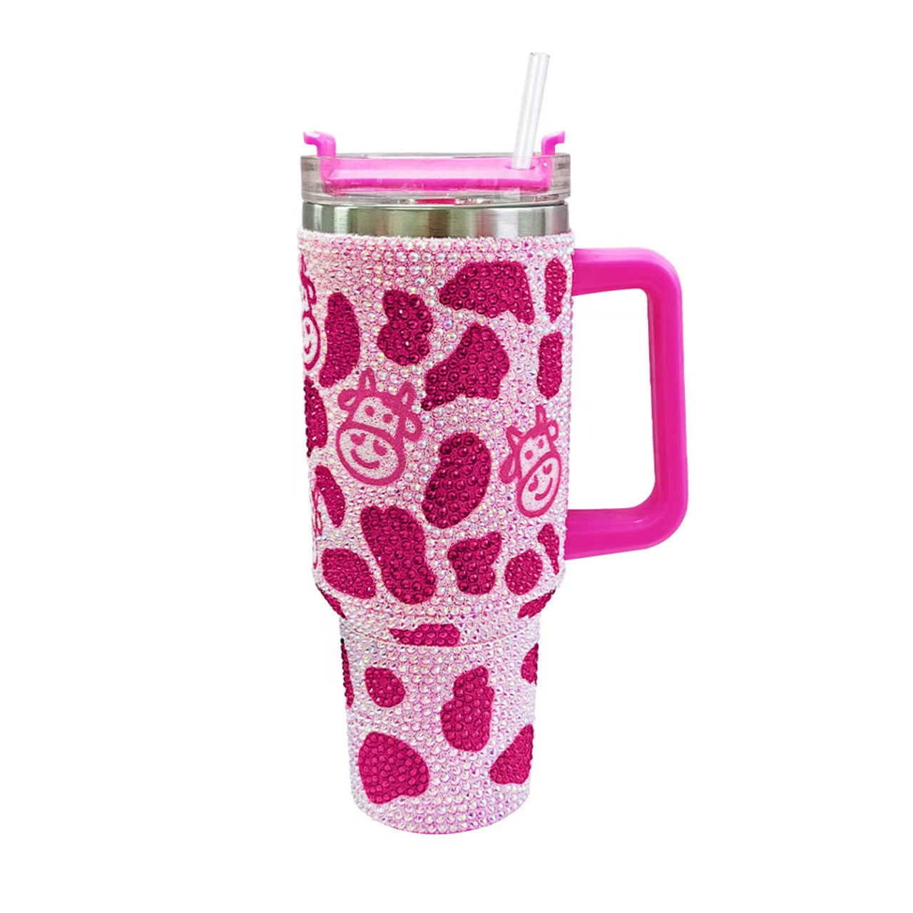 40oz Rhinestone Cow Pattern Stainless Steel Insulated Tumbler With Handle Large Travel Drink Cup