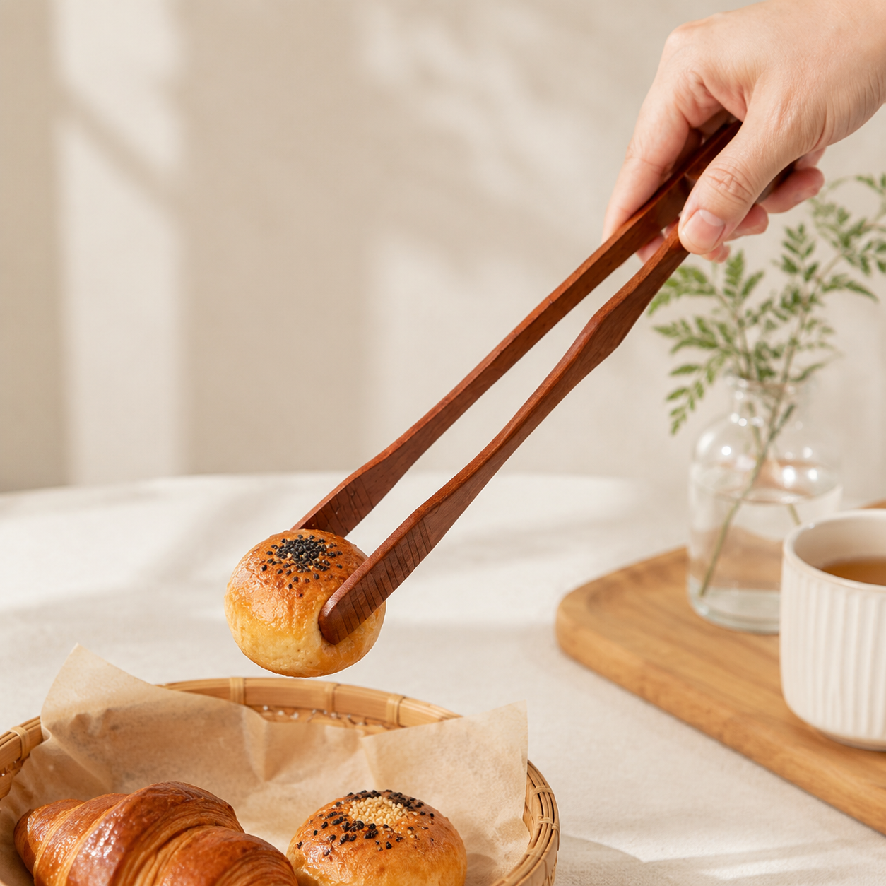Natural Camphor Wood Food Tongs – Reusable Wooden Kitchen Serving Tongs for Bread, BBQ & Salad