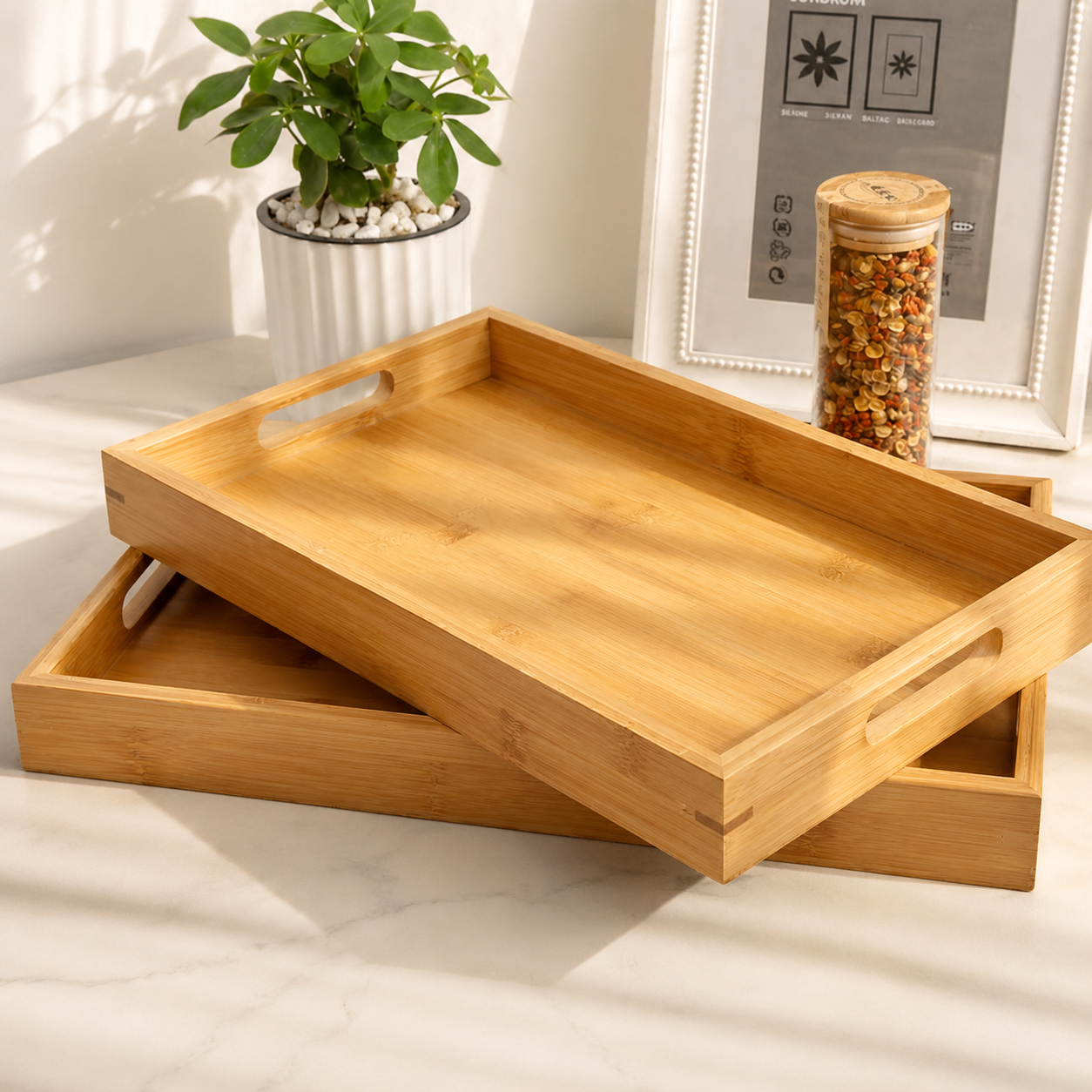 Rectangular Bamboo Serving Tray – Natural Wood Bread & Fruit Tray