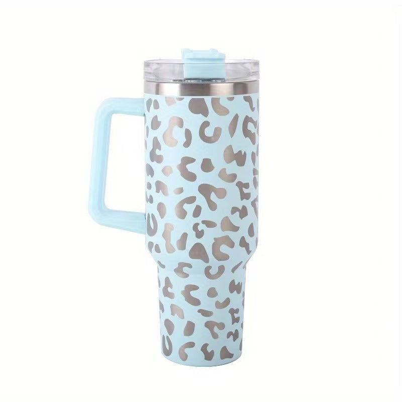 Leopard Print 40oz Insulated Travel Tumbler with Handle – Stainless Steel Ice Mug Portable Large Capacity Cup