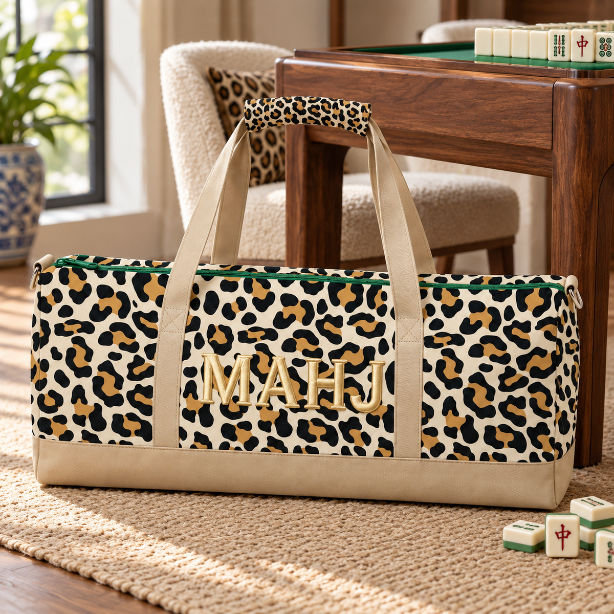 Premium Leopard Mahjong Organizer Bag – Large Canvas Carrying Tote with Zipper