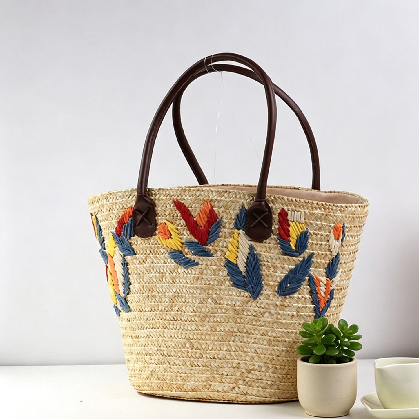 Embroidered Woven Straw Shoulder Bag – Medium Dumpling Shape Handbag with Zipper Closure