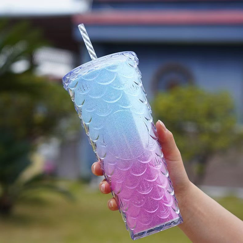 710ml Dual Tone Gradient Fish Scale Water Cup – Large Capacity AS Plastic Stylish Summer Tumbler