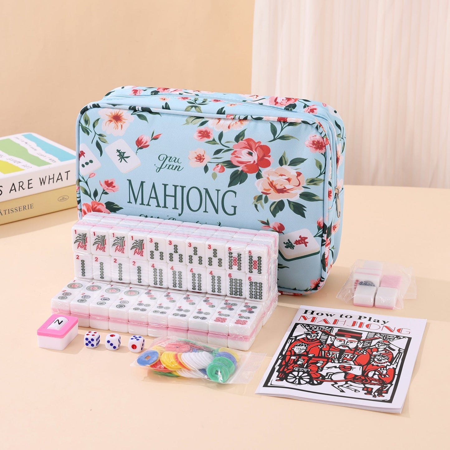 Mahjong Set Bag – Waist Bag with Printed Mahjong Pattern, Cosmetic Bag, Multi-Functional Large-Capacity Storage Organizer