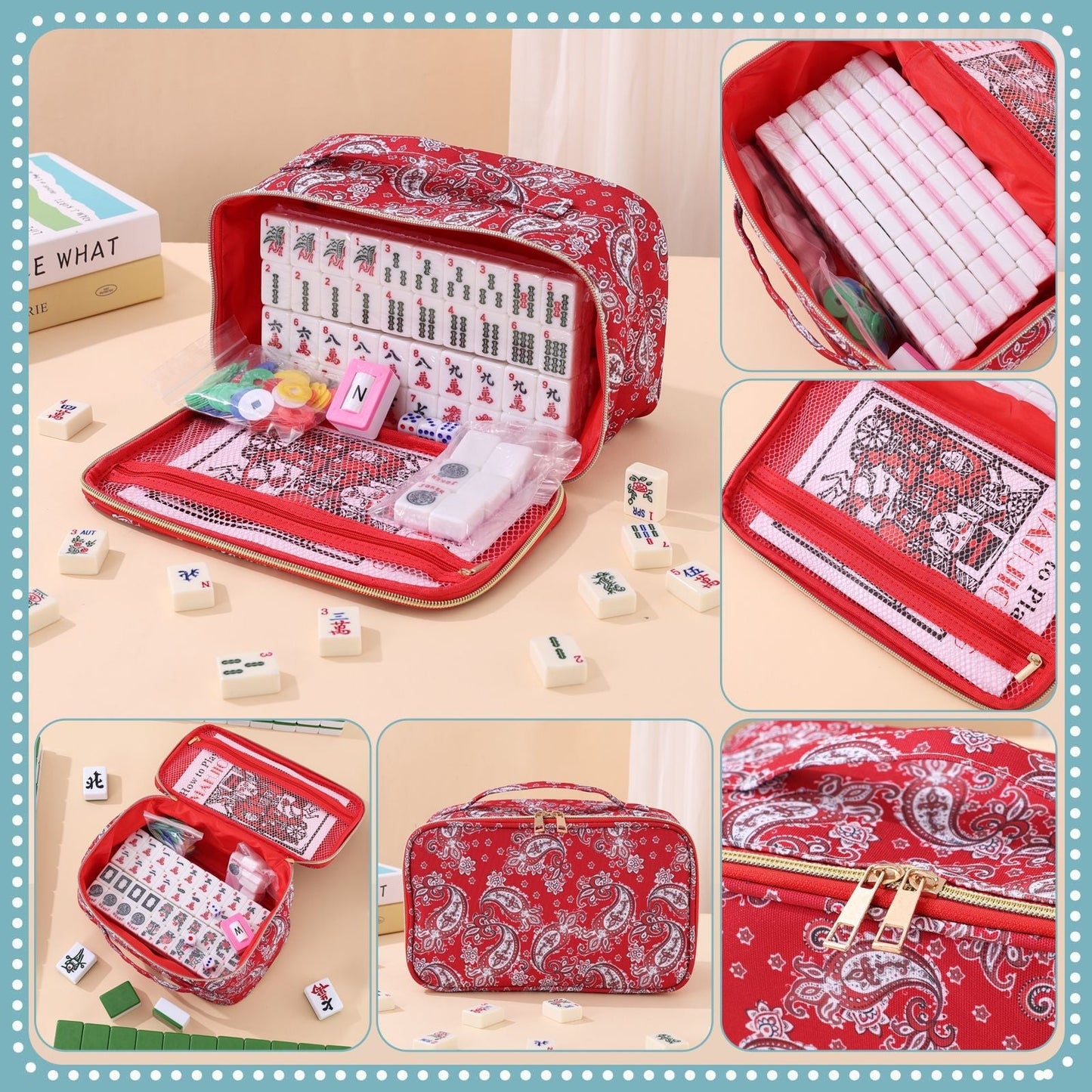 Mahjong Set Bag – Waist Bag with Printed Mahjong Pattern, Cosmetic Bag, Multi-Functional Large-Capacity Storage Organizer