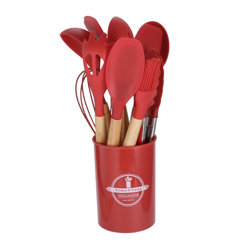 12-Piece Silicone Kitchen Utensil Set with Wooden Handles for Nonstick Cookware