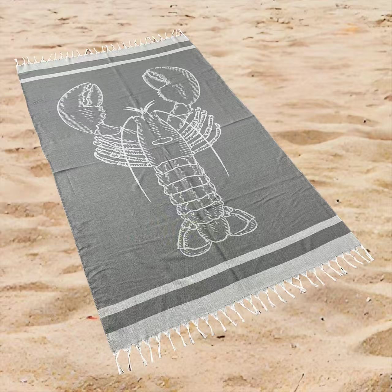 Coastal Lobster Print Beach Towel Oversized Rectangular Quick-Dry Absorbent Shawl Summer Beach Wrap Travel Blanket with Fringe Detail