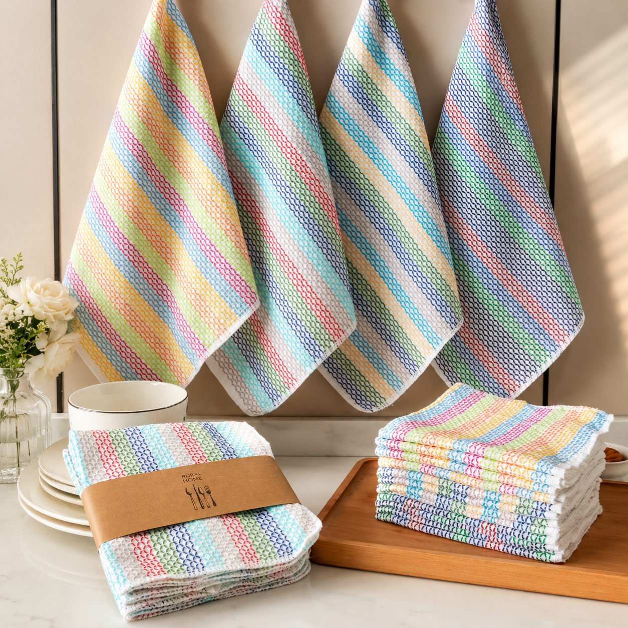 Striped Cotton Dish Cloths, 4-Pack Kitchen Towel Set
