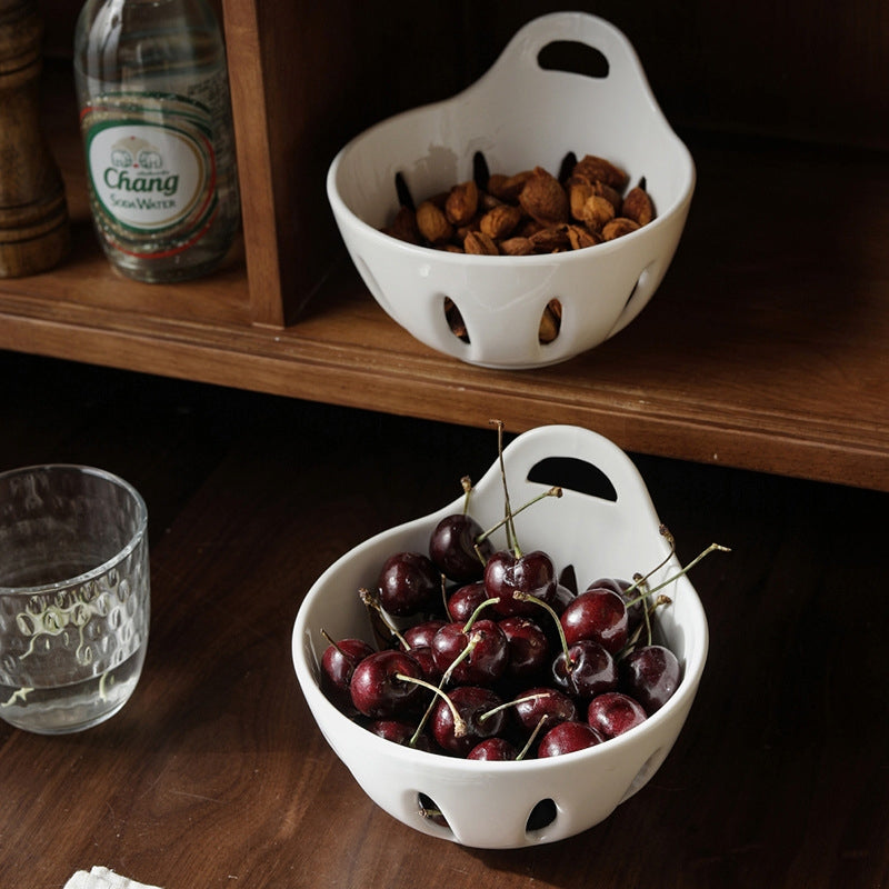 Porcelain Fruit & Vegetable Draining Bowl – Ceramic Colander Bowl with Handle for Kitchen Serving