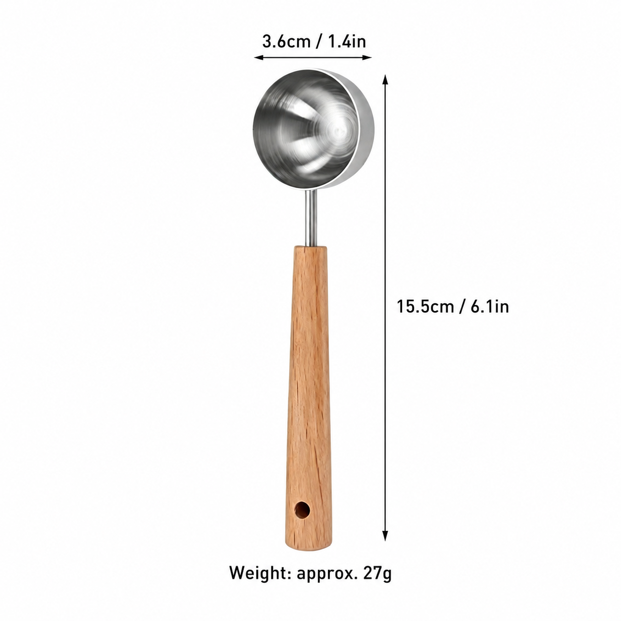 Stainless Steel Measuring Spoon with Wooden Handle, Multipurpose Kitchen Scoop for Coffee, Baking, Flour, Milk Powder, and Cereal