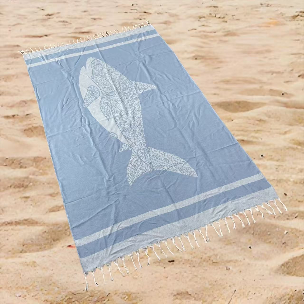 Ocean Shark Print Beach Towel Oversized Rectangular Quick-Dry Absorbent Shawl Summer Swim Travel Wrap with Tassel Edges