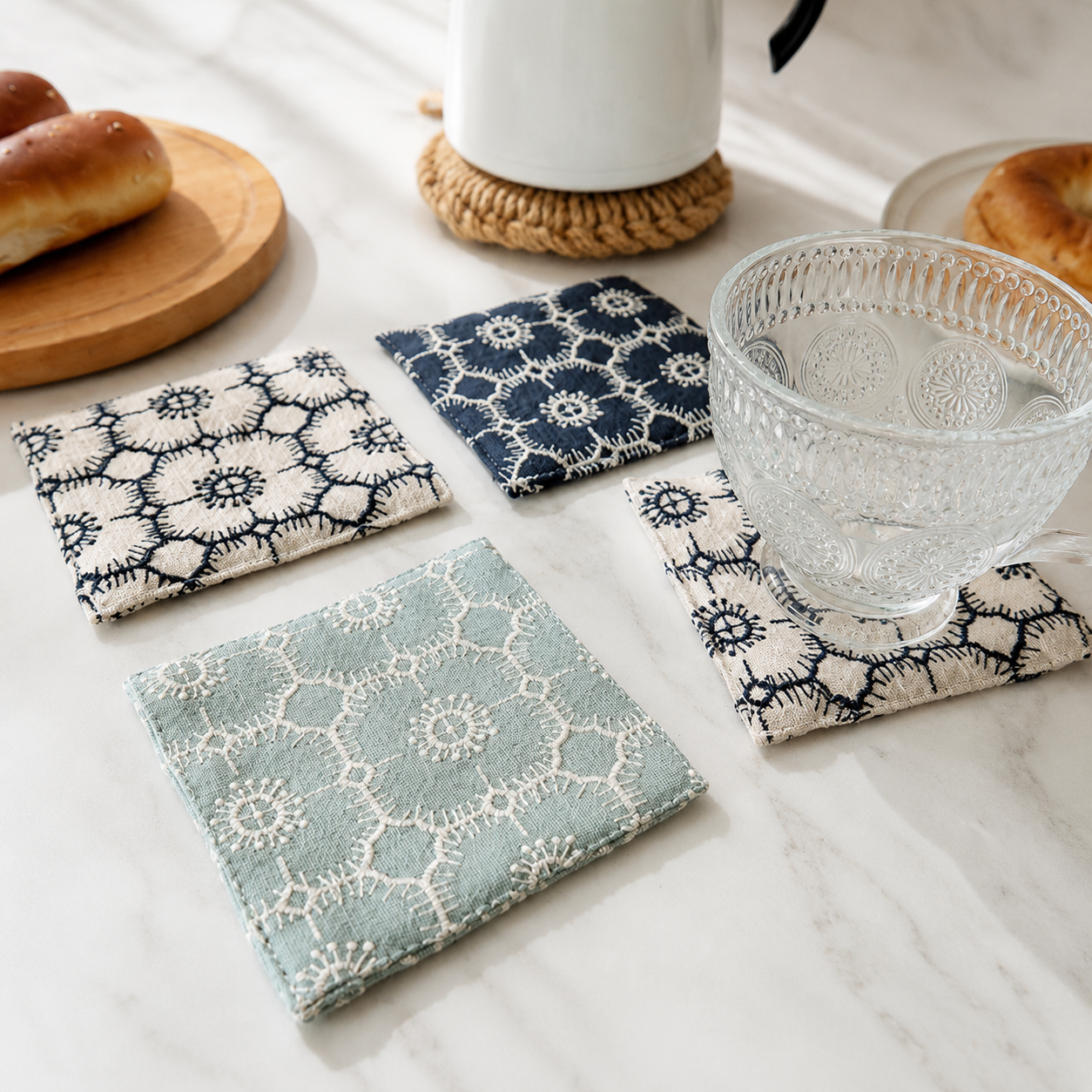 Embroidered Cotton Linen Coaster, Double-Layer Tea Cup Mat