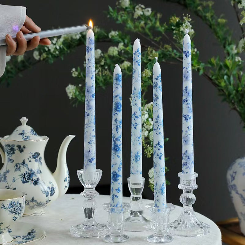 25cm Blue & White Porcelain Taper Candles – Set of 2