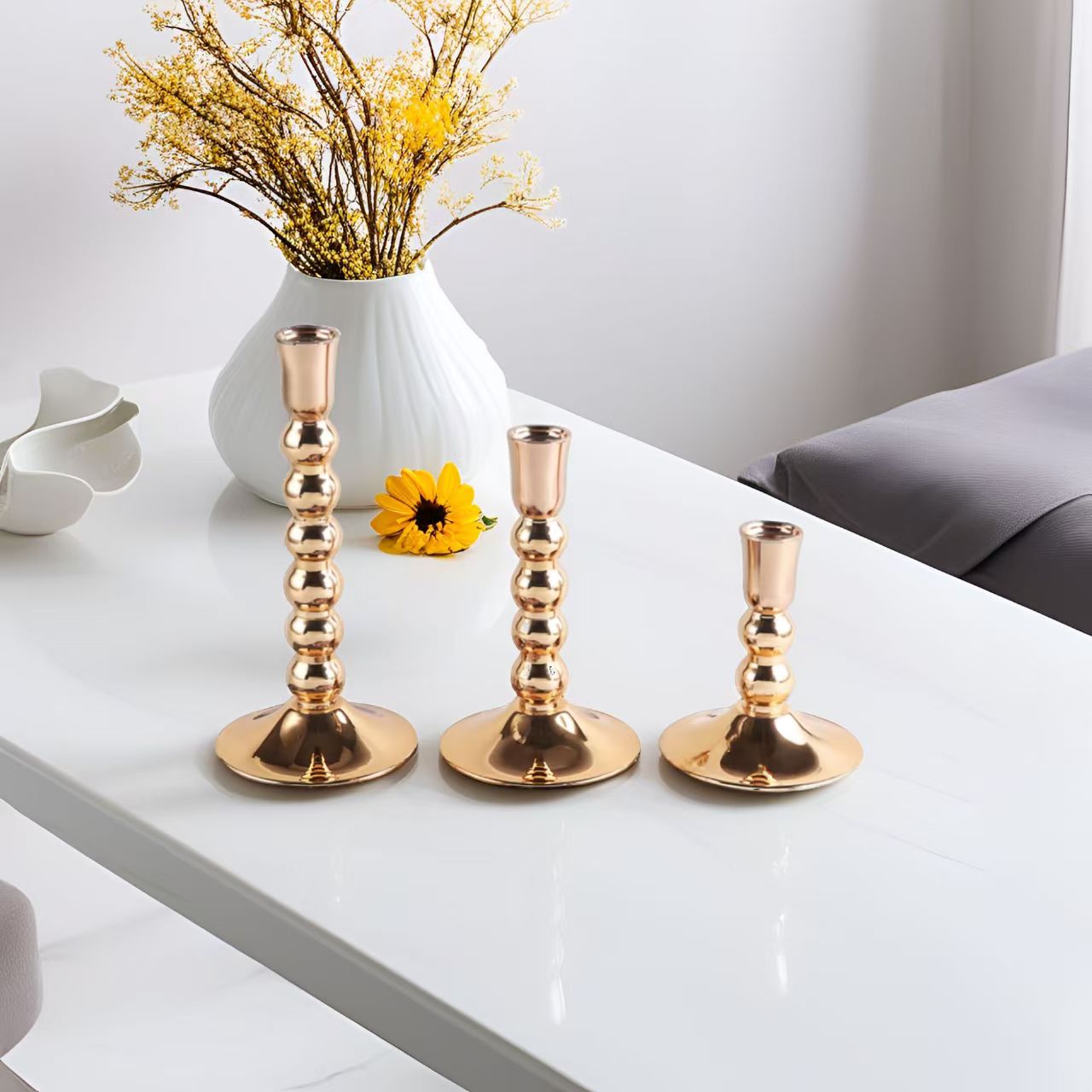 French Gold Electroplated Bead Candleholder, Heavy Duty Exquisite Iron Decor