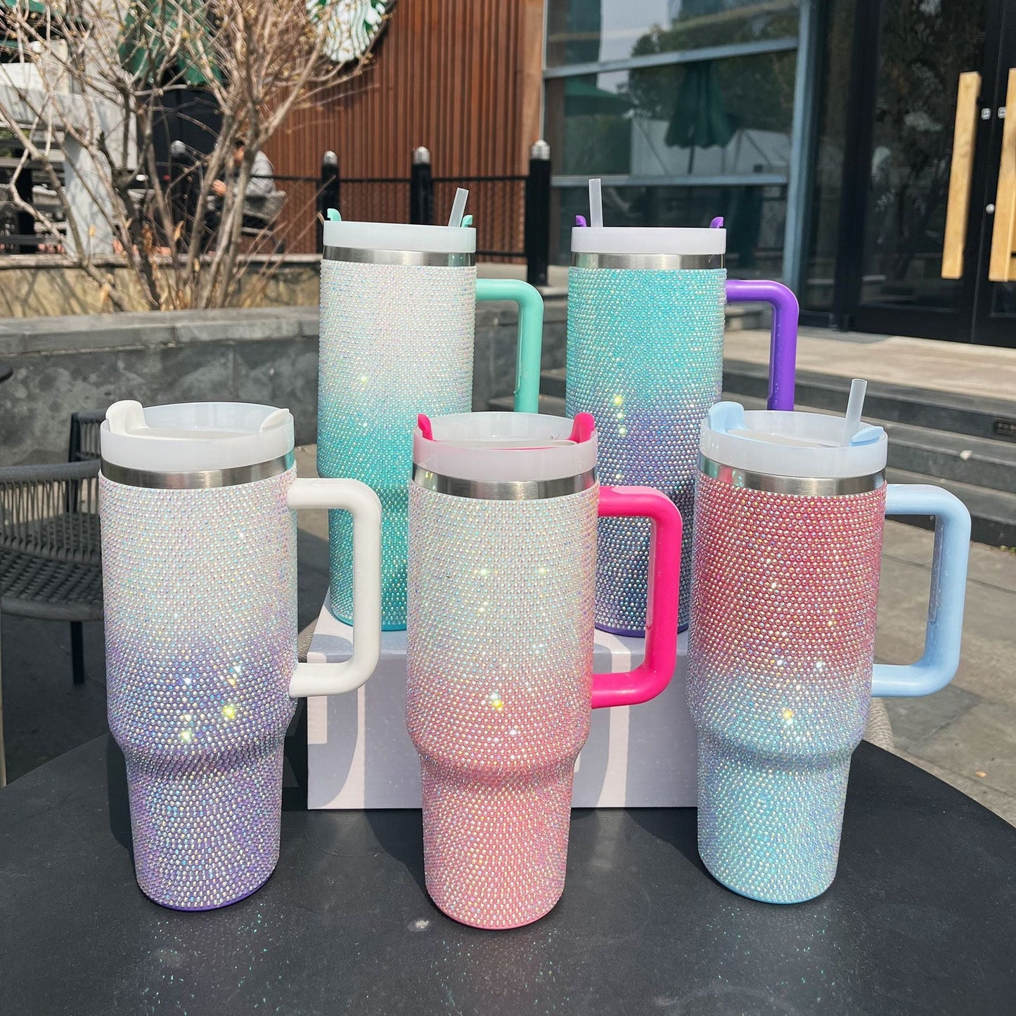 Gradient Rhinestone 40oz Stainless Steel Insulated Tumbler with Handle & Straw – Sparkling Color Fade Travel Mug