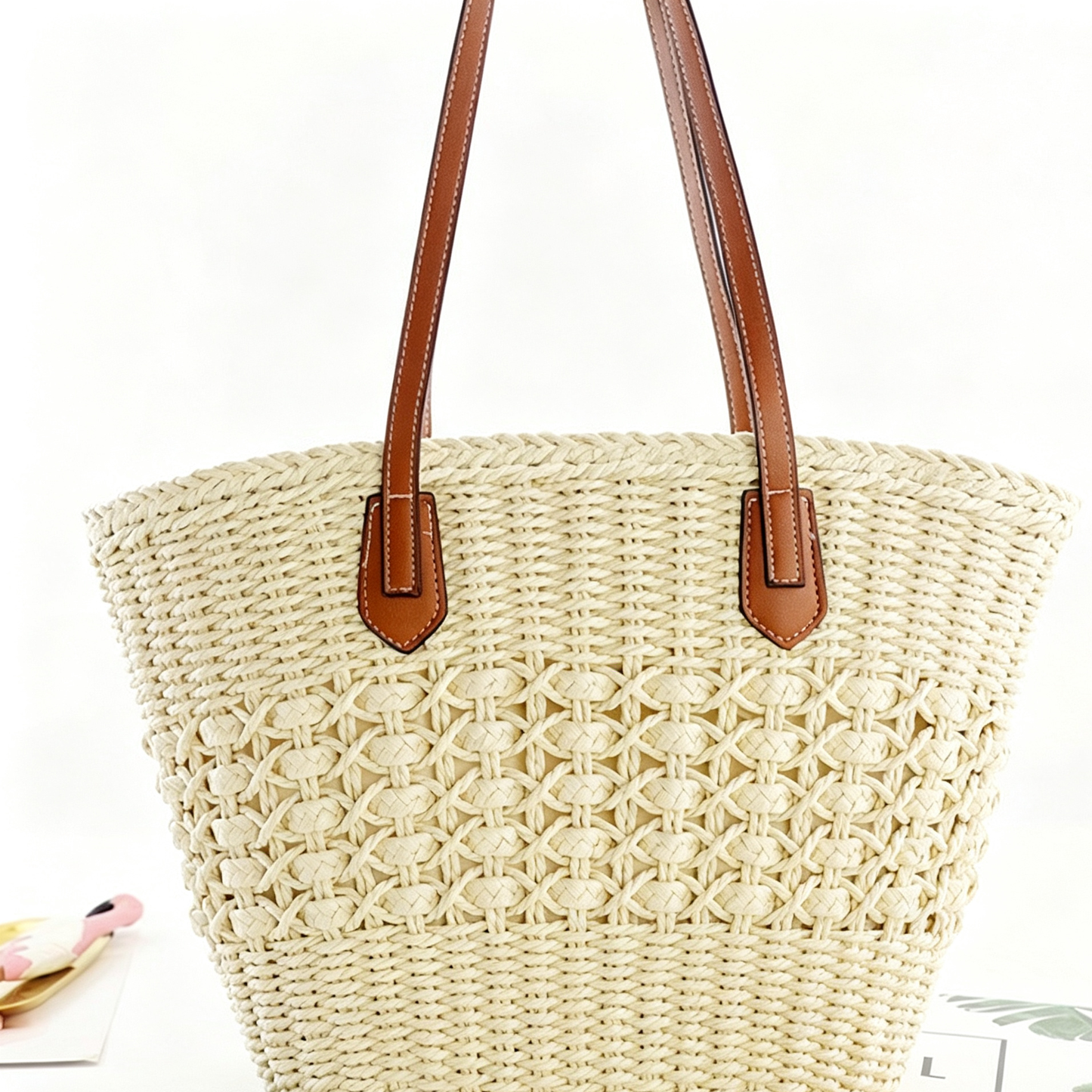 Vintage Woven Straw Bag – Medium Retro European Style Handbag with Cotton Blend Lining