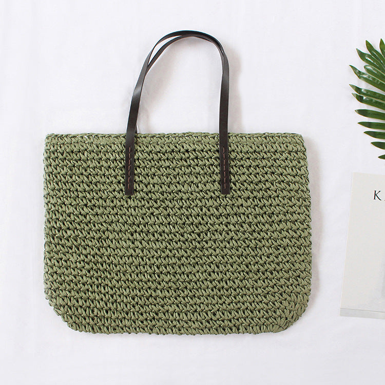 Minimalist Woven Straw Shoulder Bag – Medium Square Tote with Zipper Closure for Summer Style
