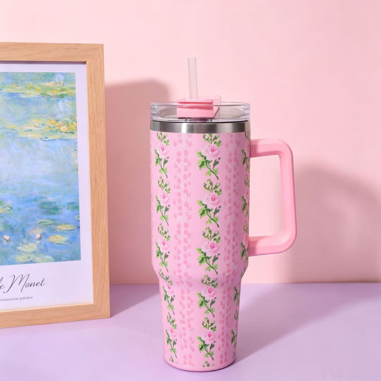 Floral Pattern 40oz Stainless Steel Insulated Tumbler with Straw & Handle – Large Capacity Travel Water Cup