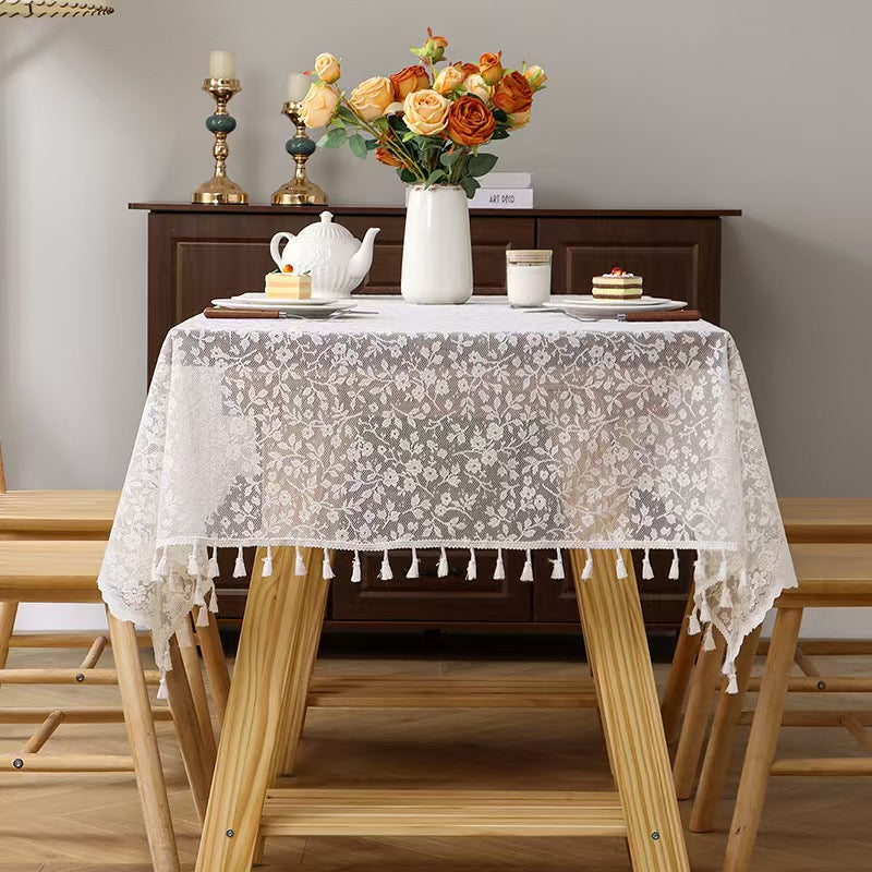 French Floral Lace Tablecloth Tassel Rectangular Table Cover