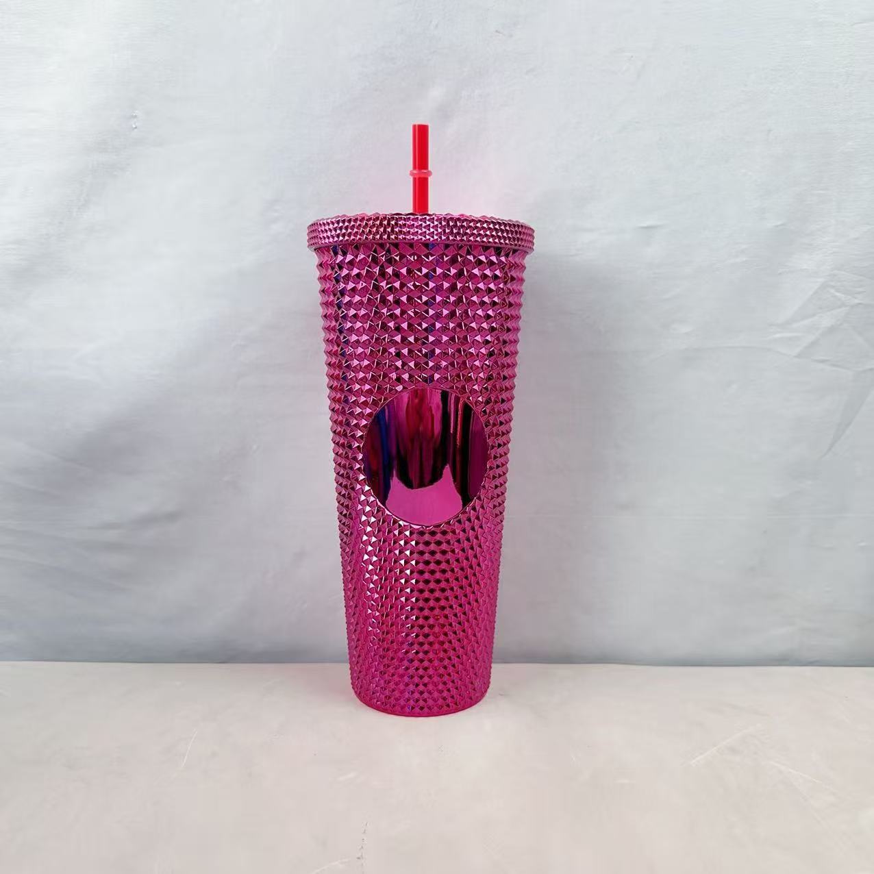 24oz Plastic Double Wall Straw Tumbler Color Plated Finish Large Capacity Travel Drink Cup