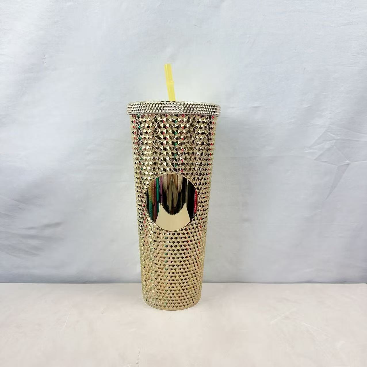 24oz Electroplated Plastic Straw Cup Double Layer Tumbler Colorful Finish Portable Beverage Cup