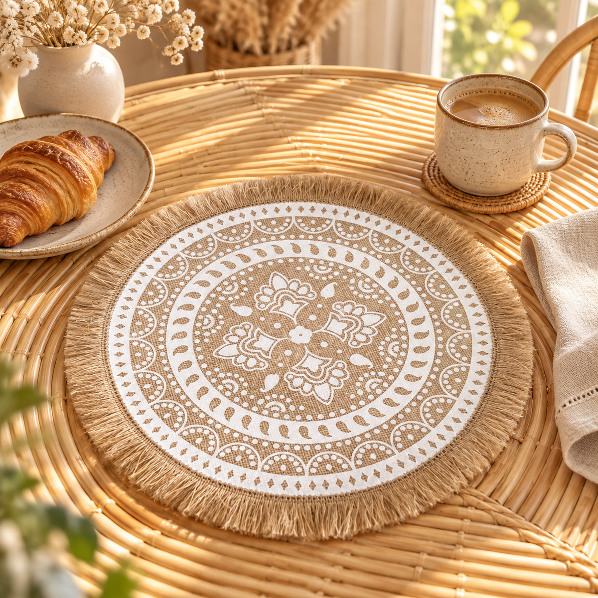 Boho Round Burlap Placemat with Fringe – 38cm Mandala Table Mat