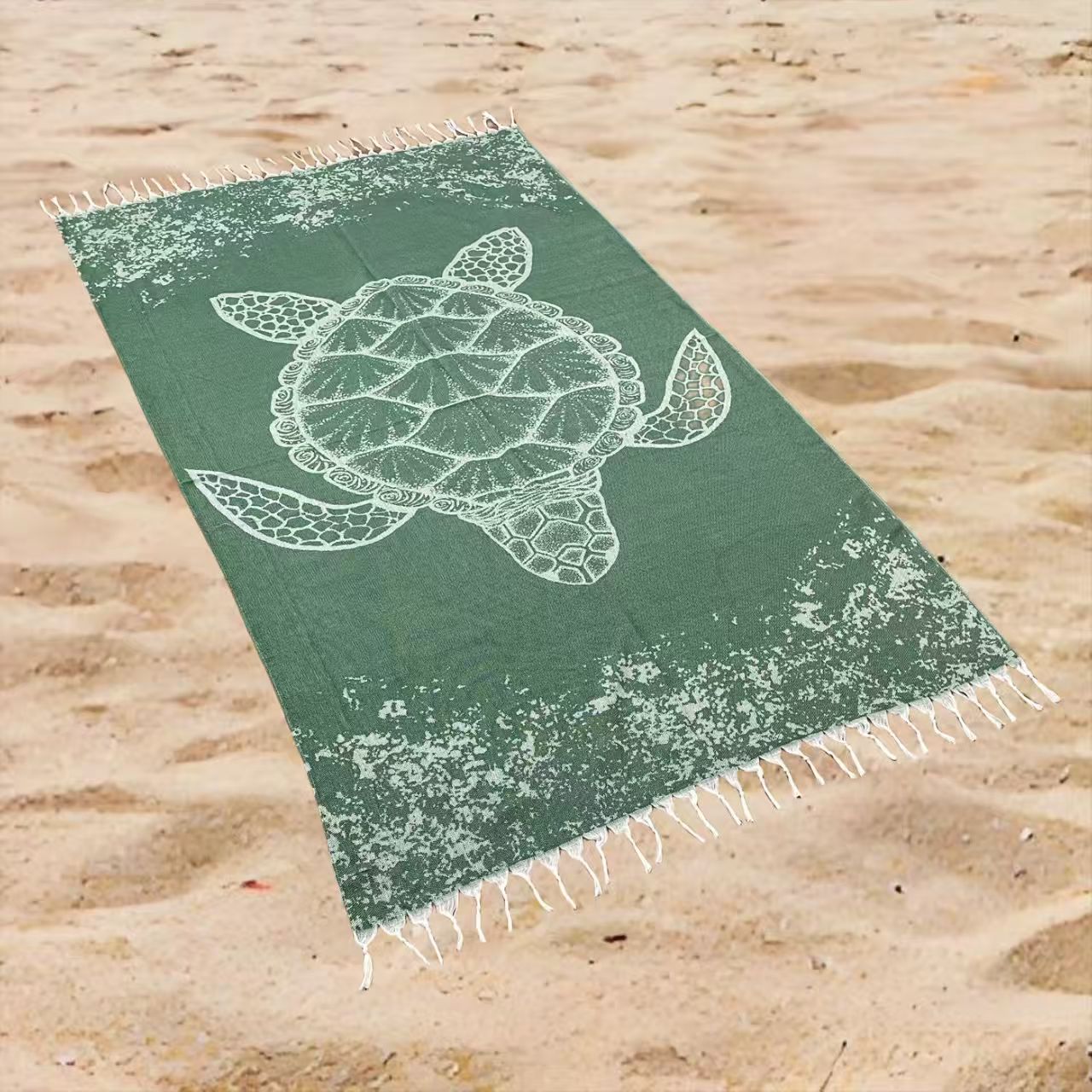 Oversized Ocean Turtle Print Beach Towel Rectangular Quick-Dry Absorbent Shawl Summer Beach Wrap Travel Blanket with Boho Tassel Trim