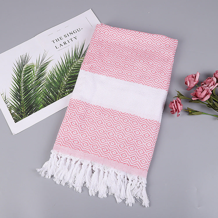 Cotton Turkish Beach Towel With Diamond Pattern Tassel Fringe Boho Swim Towel Picnic Blanket 1x1.8m
