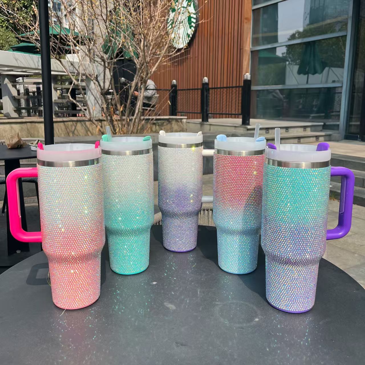 Gradient Rhinestone 40oz Stainless Steel Insulated Tumbler with Handle & Straw – Sparkling Color Fade Travel Mug