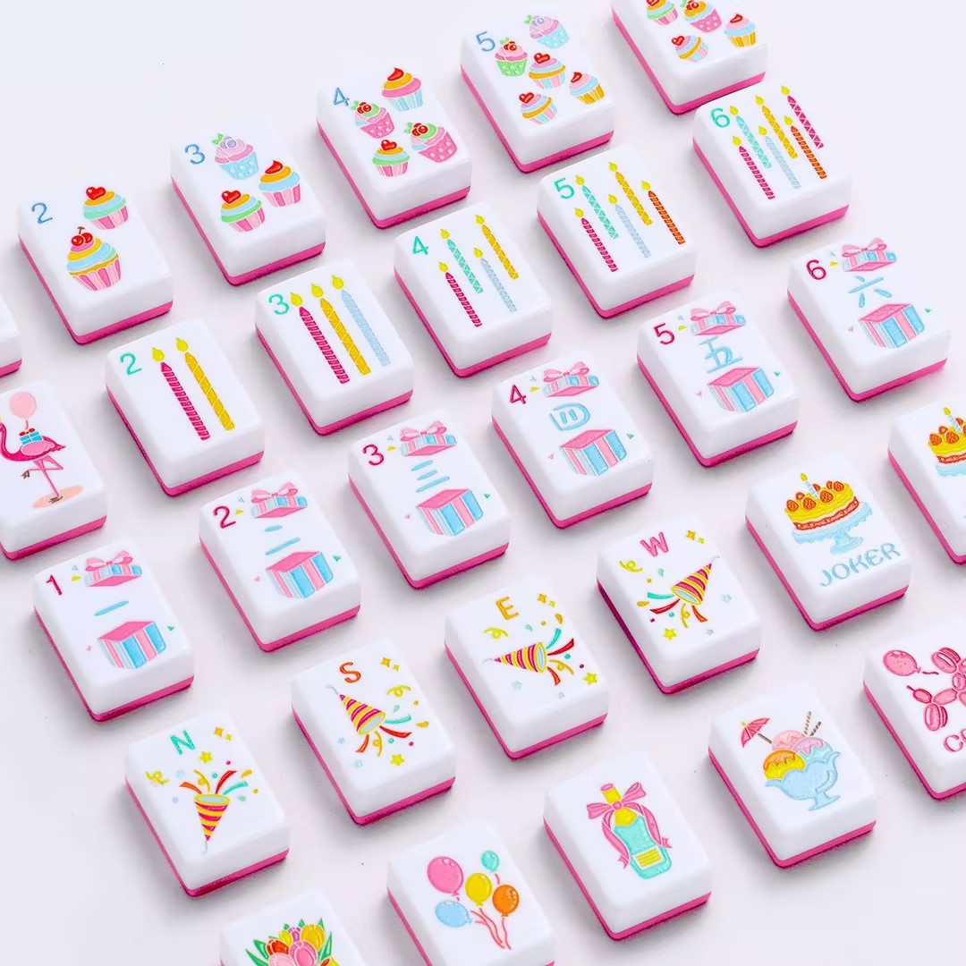 Mini Birthday Theme Mahjong Tiles Set, Cute Melamine Mahjong Game Tiles, Colorful Party Gift & Collectible Decoration