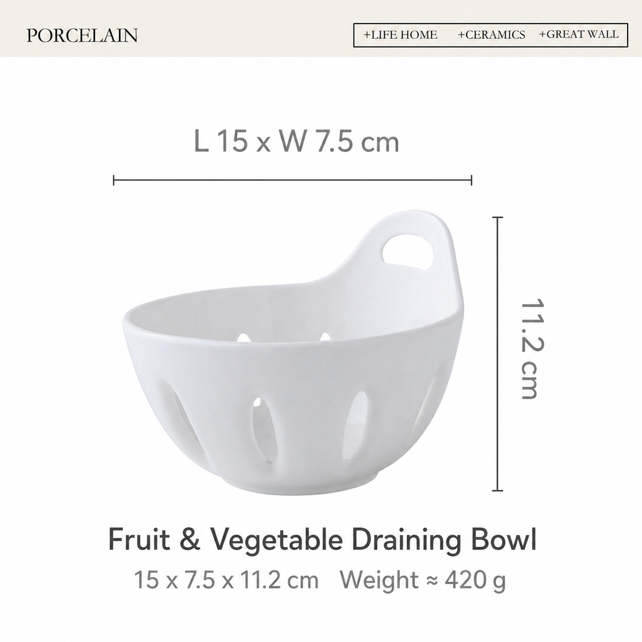 Porcelain Fruit & Vegetable Draining Bowl – Ceramic Colander Bowl with Handle for Kitchen Serving