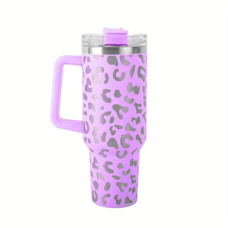 Leopard Print 40oz Insulated Travel Tumbler with Handle – Stainless Steel Ice Mug Portable Large Capacity Cup