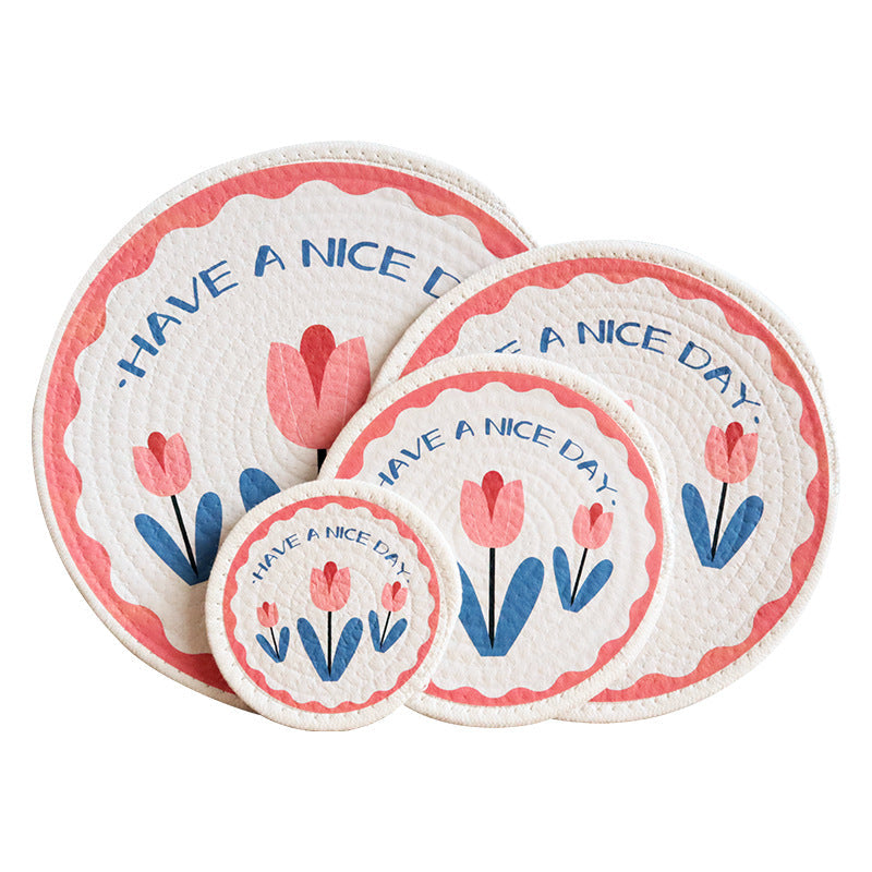 Nordic Tulip Print Woven Cotton Rope Trivet, Heat Resistant Table Mat & Coaster