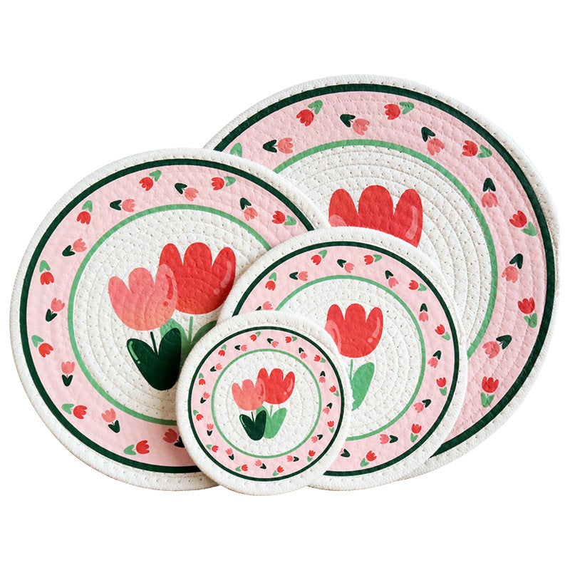 Nordic Tulip Print Woven Cotton Rope Trivet, Heat Resistant Table Mat & Coaster