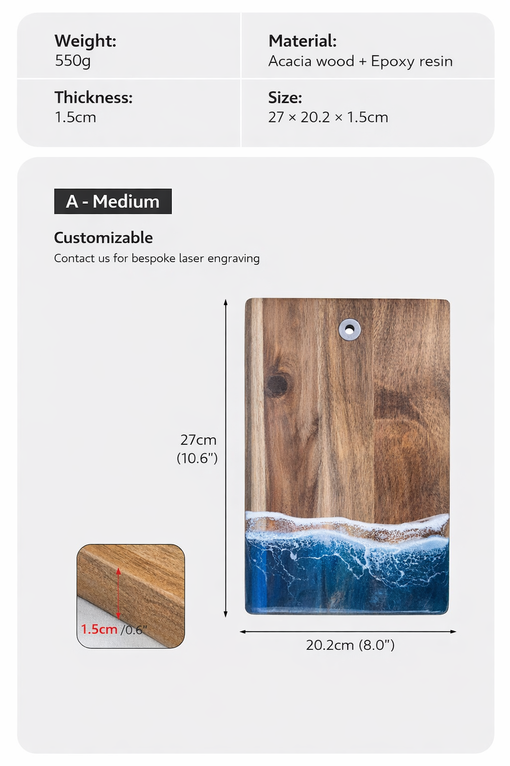 Blue Ocean Wave Resin Rectangular Cutting Board Epoxy Resin Serving Board