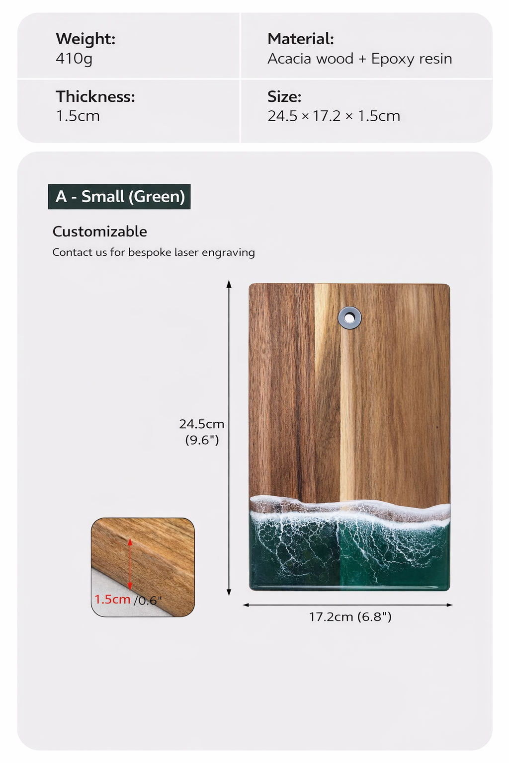 Green Ocean Wave Epoxy Resin Serving Board Rectangular Artistic Kitchen Cutting Board