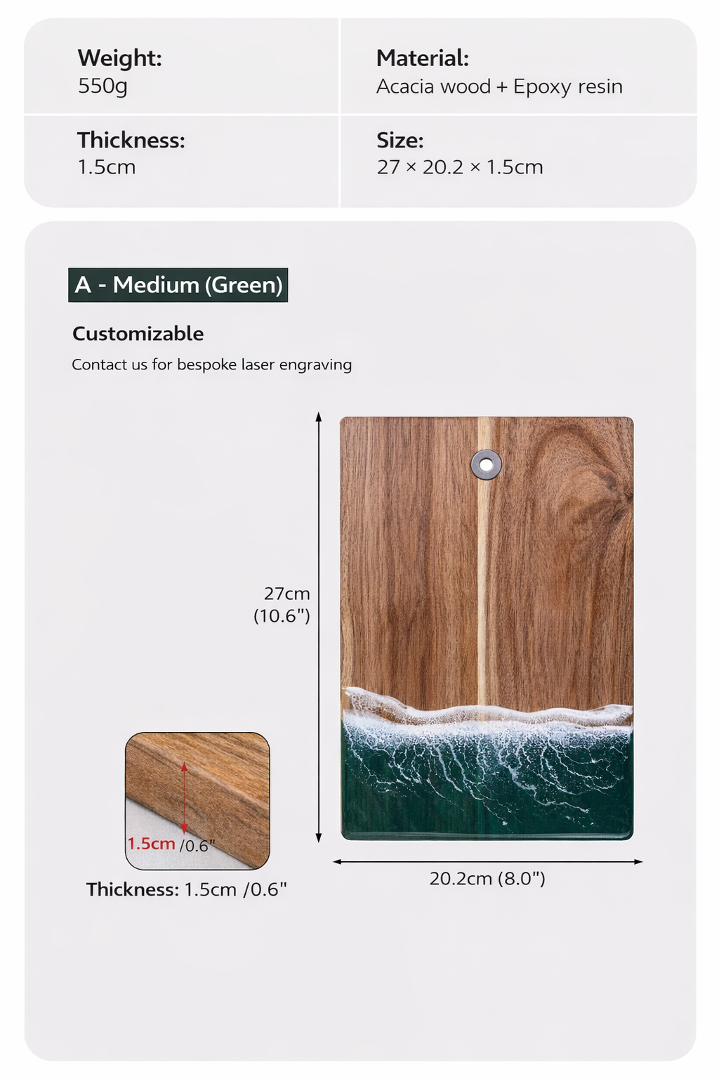 Green Ocean Wave Epoxy Resin Serving Board Rectangular Artistic Kitchen Cutting Board