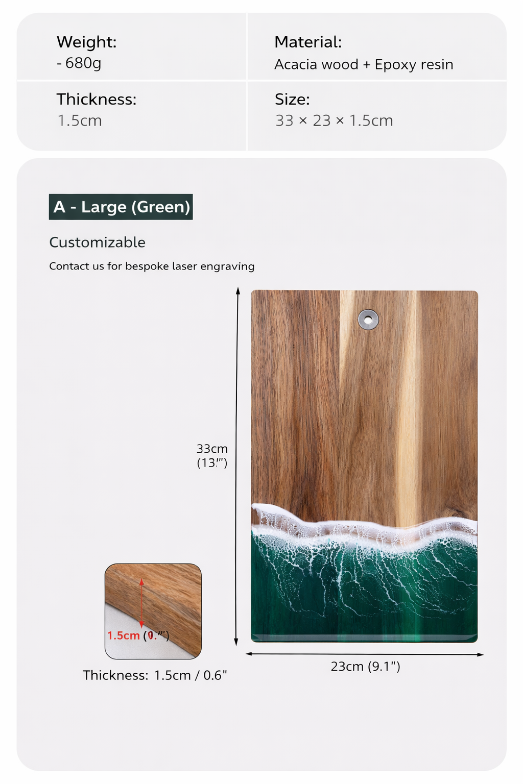 Green Ocean Wave Epoxy Resin Serving Board Rectangular Artistic Kitchen Cutting Board