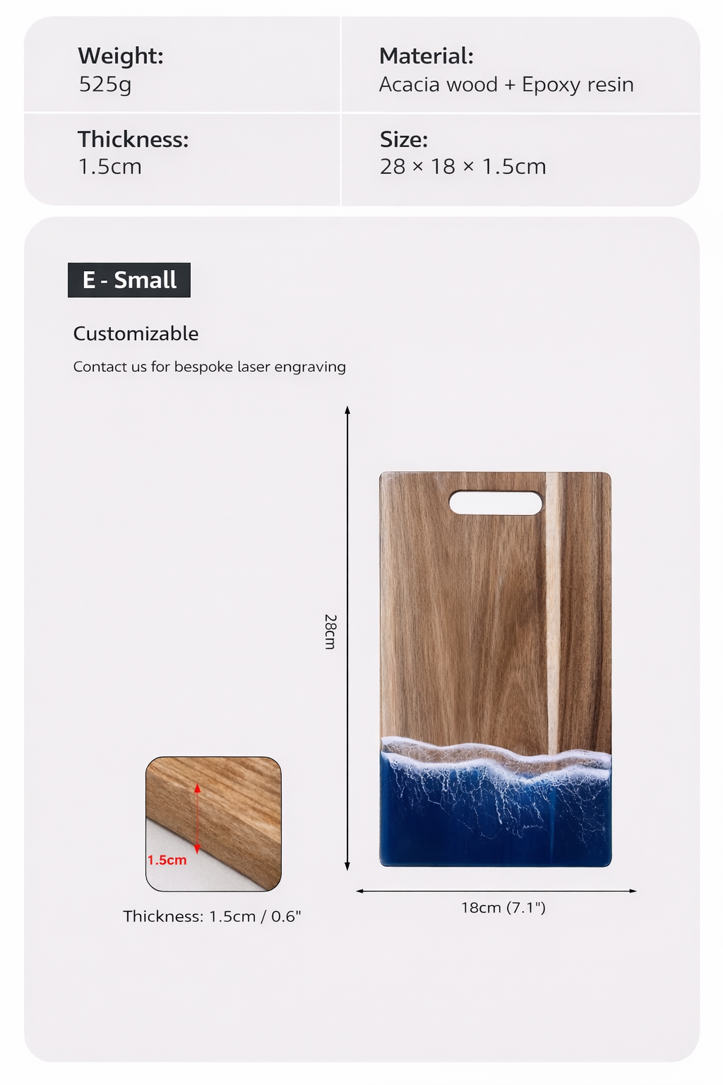 Blue Ocean Resin Rectangular Cutting Board with Hanging Hole Acacia Wood Epoxy Kitchen Serving Board