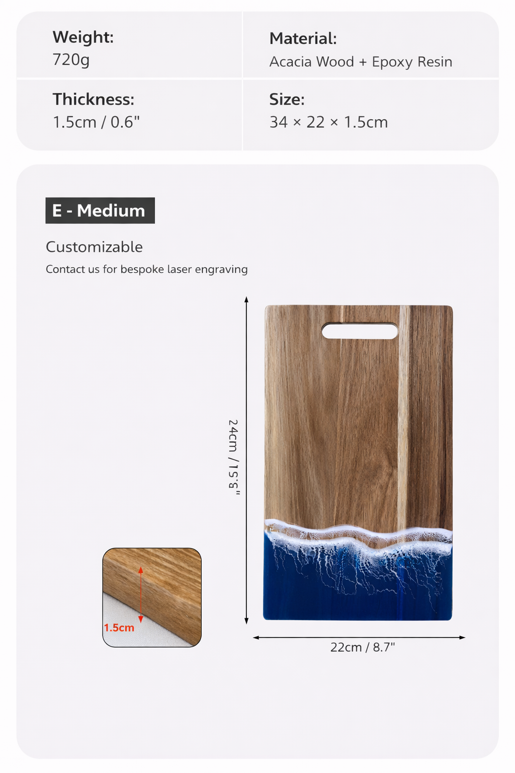 Blue Ocean Resin Rectangular Cutting Board with Hanging Hole Acacia Wood Epoxy Kitchen Serving Board
