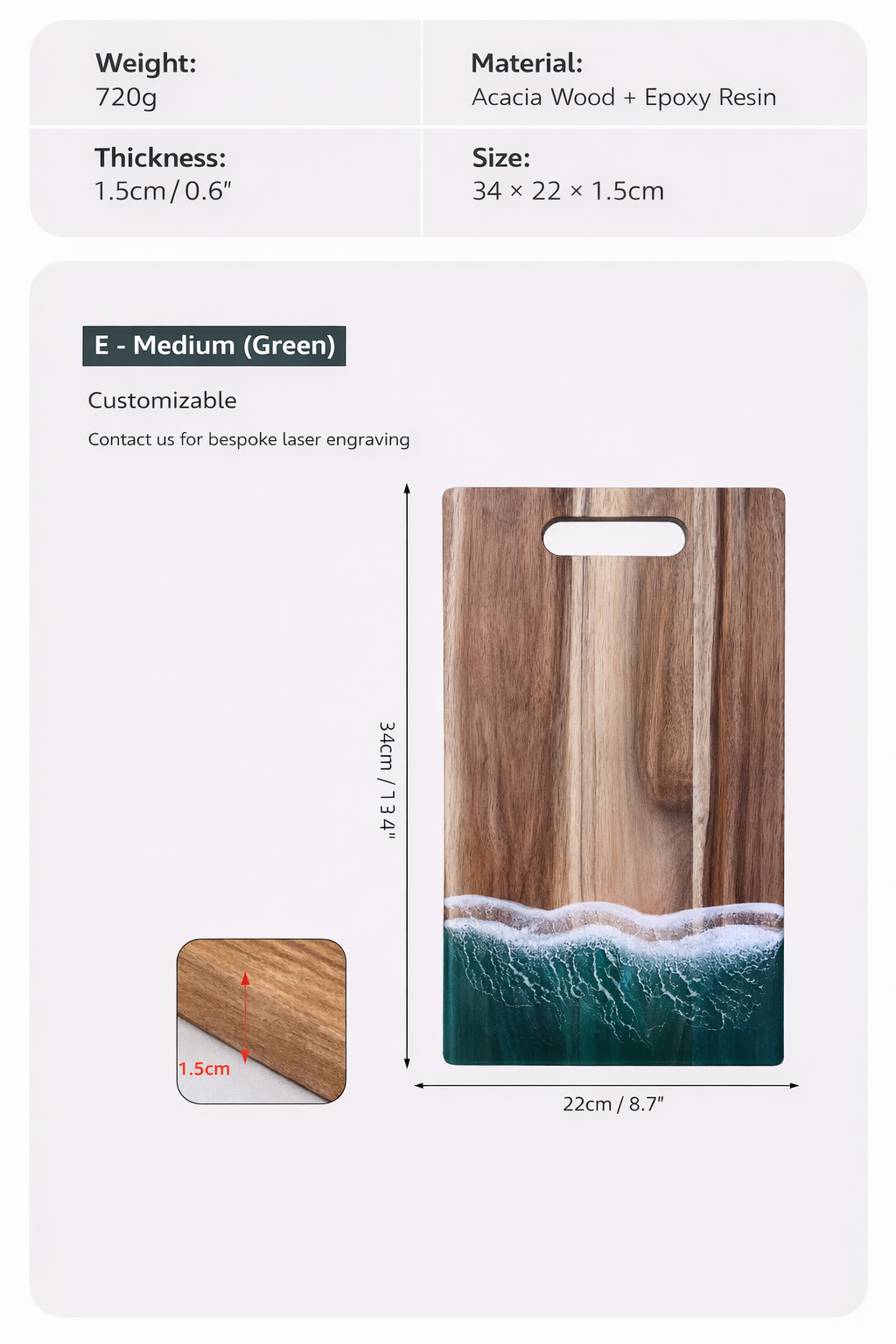 Emerald Green Ocean Resin Rectangular Cutting Board with Hanging Hole Acacia Wood Epoxy Serving Board Kitchen Decor